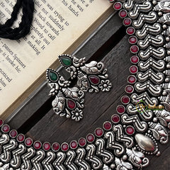 Vriksham Traditional Ganesh Ji With Engraved Peacocks Oxidized Silver Neckpiece-Red-S924