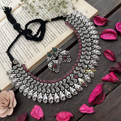 Vriksham Traditional Ganesh Ji With Engraved Peacocks Oxidized Silver Neckpiece-Red-S924