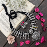 Vriksham Divine Ram Parivar Pendant Necklace in Oxidized Silver Neckpiece-Red Green-S923