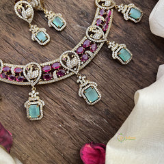 Premium Red with Peacock Victorian Diamond Neckpiece-VV1937