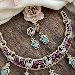 Premium Red with Peacock Victorian Diamond Neckpiece-VV1937