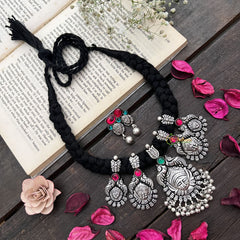 Vriksham Temple Jewelry Style Lakshmi Pendant With Braided Black Thread Thread Neckpiece-S926