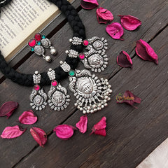 Vriksham Temple Jewelry Style Lakshmi Pendant With Braided Black Thread Thread Neckpiece-S926