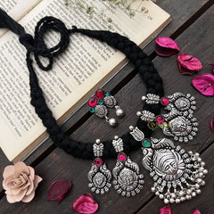 Vriksham Temple Jewelry Style Lakshmi Pendant With Braided Black Thread Thread Neckpiece-S926