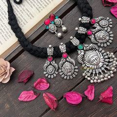 Vriksham Temple Jewelry Style Lakshmi Pendant With Braided Black Thread Thread Neckpiece-S926