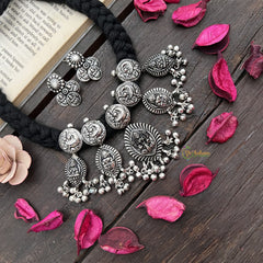 Vriksham Mixed Motif Lakshmi Temple Pendant Necklace in Oxidized Silver Neckpiece-S927