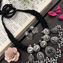 Vriksham Mixed Motif Lakshmi Temple Pendant Necklace in Oxidized Silver Neckpiece-S927