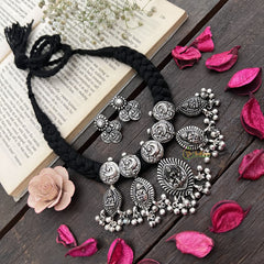 Vriksham Mixed Motif Lakshmi Temple Pendant Necklace in Oxidized Silver Neckpiece-S927