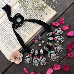 Vriksham Lakshmi & Twin Parrot Motif Oxidized Silver Neckpiece-S928