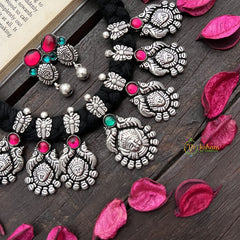 Vriksham Lakshmi & Twin Parrot Motif Oxidized Silver Neckpiece-S928