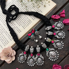 Vriksham Lakshmi & Twin Parrot Motif Oxidized Silver Neckpiece-S928