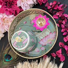 Vriksham Peacock With Lotus Floral Designs Metal Pichwai Basket With Jar & Diya-RG269