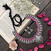 Vriksham Ganesha Motif Oxidized Silver Necklace with Pink Teardrop Stones Neckpiece-S929