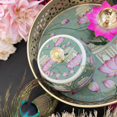 Vriksham Peacock With Lotus Floral Designs Metal Pichwai Basket With Jar & Diya-RG269