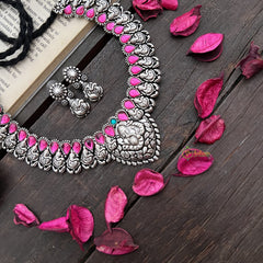 Vriksham Ganesha Motif Oxidized Silver Necklace with Pink Teardrop Stones Neckpiece-S929