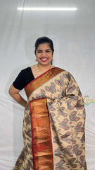 Vriksham Handwoven Pochampally Ivory & Maroon Rustic Charm With Subtle Floral Motifs Ikkat Silk-Cotton Saree-VS4740