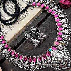Vriksham Ganesha Motif Oxidized Silver Necklace with Pink Teardrop Stones Neckpiece-S929