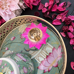 Vriksham Peacock With Lotus Floral Designs Metal Pichwai Basket With Jar & Diya-RG269