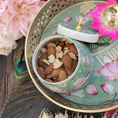 Vriksham Peacock With Lotus Floral Designs Metal Pichwai Basket With Jar & Diya-RG269