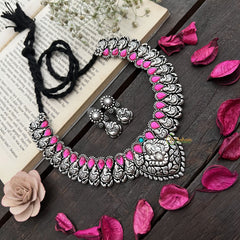 Vriksham Ganesha Motif Oxidized Silver Necklace with Pink Teardrop Stones Neckpiece-S929