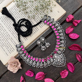 Vriksham Ganesha Motif Oxidized Silver Necklace With Pink Teardrop Stones Neckpiece-Green-S930