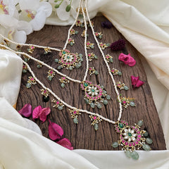 3 Layered Jadau Kundan Pearl Neckpiece-Floral-J2524