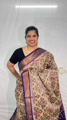 Vriksham Handwoven Pochampally Beige & Grey Tribal Motifs With Deep Blue Border Ikkat Silk-Cotton Saree-VS4734