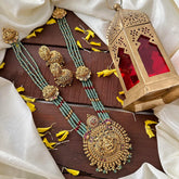 Gold Polish Lakshmi Pendant 4 Layer Haram-Green Bead-G14148