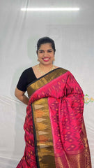 Vriksham Handwoven Pochampally Bold Pink & Earthy Brown with Arrowhead Motifs Ikkat Silk-Cotton Saree-VS4729