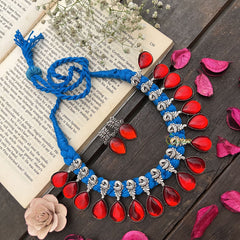Vriksham Fiery Red Teardrop Enamel Oxidized Silver On Blue Thread Neckpiece-S933