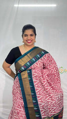 Vriksham Handwoven Pochampally Pink & Deep Teal With Diamond & Multi-Arrow Motifs Ikkat Silk-Cotton Saree-VS4737
