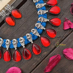 Vriksham Fiery Red Teardrop Enamel Oxidized Silver On Blue Thread Neckpiece-S933