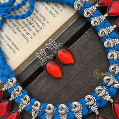 Vriksham Fiery Red Teardrop Enamel Oxidized Silver On Blue Thread Neckpiece-S933