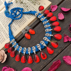 Vriksham Fiery Red Teardrop Enamel Oxidized Silver On Blue Thread Neckpiece-S933