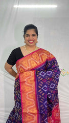 Vriksham Handwoven Pochampally Fiery Orange & Royal Blue with Wave Motifs Ikkat Silk-Cotton Saree-VS4730