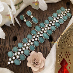 Light Blue Victorian Diamond High Neck Choker-VV847