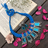 Vriksham Ocean Mirror Box Pendant-Blue Glass Statement On Oxidized Silver Neckpiece-S934