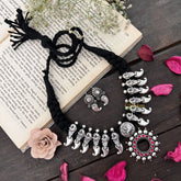 Vriksham Oxidized Silver Parrot Charm With Pink Stone Sunburst Pendant Neckpiece-Red-S937