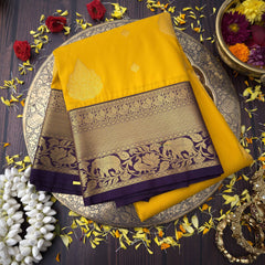 Vriksham Antique Yellow With Purple Copper Zari Vangi Kanchi Silk Saree-VS4762