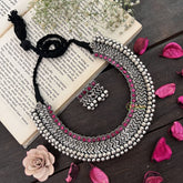 Vriksham Boho Glam Oxidized Silver Choker Oxidized Silver Neckpiece-Red-S936