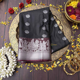 Vriksham Majestic Black Color With Silver Zari Palakku Border Kanchi Silk Saree-VS4743