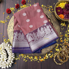 Vriksham Dusty Rose Color With Silver Zari Palakku Border Kanchi Silk Saree-VS4745