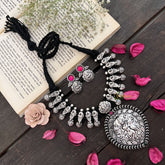 Vriksham Lakshmi Devi With Peacock Oxidized Silver & Black Beaded Neckpiece-Red Green-S946