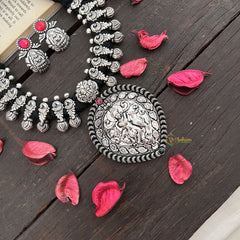 Vriksham Lakshmi Devi With Peacock Oxidized Silver & Black Beaded Neckpiece-Red Green-S946