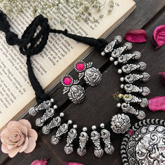 Vriksham Lakshmi Devi With Peacock Oxidized Silver & Black Beaded Neckpiece-Red Green-S946