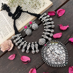 Vriksham Lakshmi Devi With Peacock Oxidized Silver & Black Beaded Neckpiece-Red Green-S946