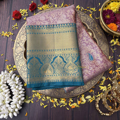 Vriksham Pastel Pink Saree Minakari Work With Contrast Teal Temple Zari Kanchi Silk Saree-VS4747