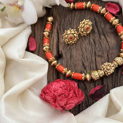 Vriksham Coral Gold Blossom Look Alike Floral Pendant Coral Bead Neckpiece-G20636