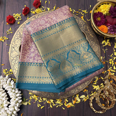 Vriksham Pastel Pink Saree Minakari Work With Contrast Teal Temple Zari Kanchi Silk Saree-VS4747