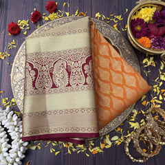 Vriksham Orange Saree Minakari Work With Contrast Marron Temple Zari Kanchi Silk Saree-VS4750